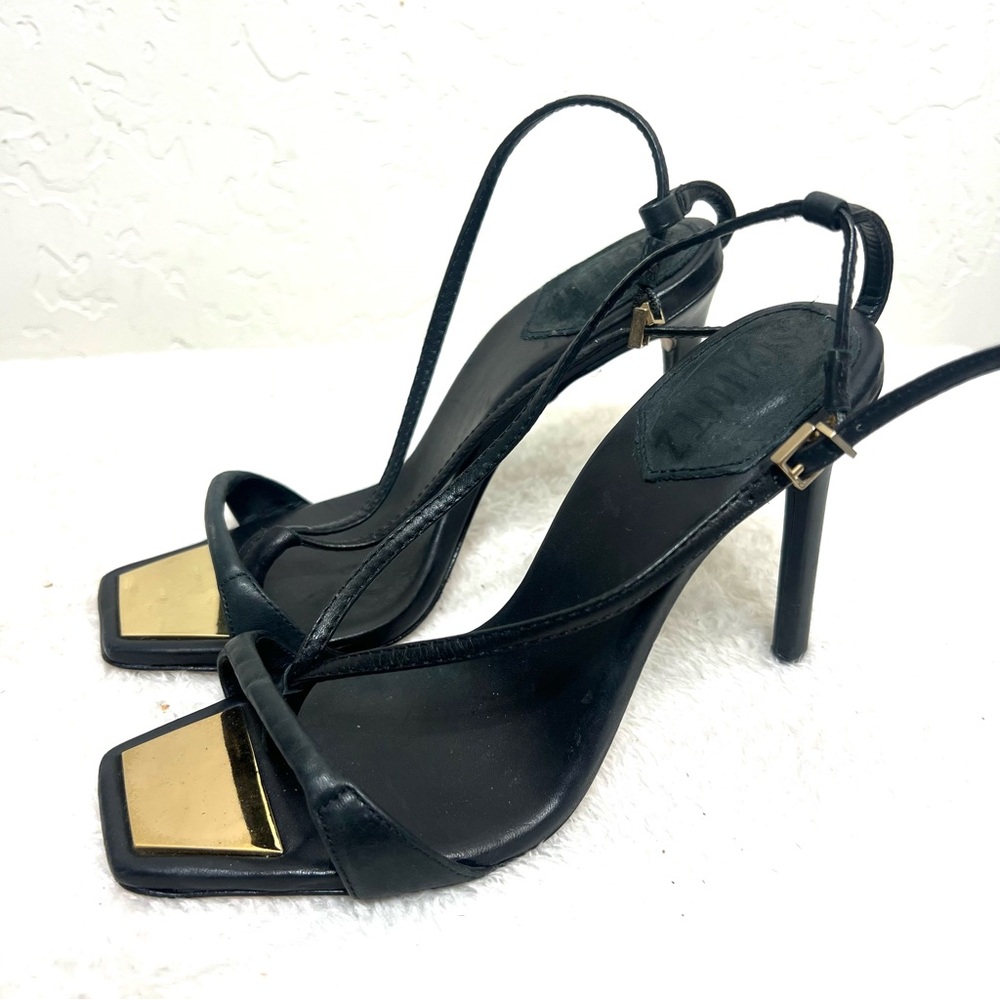 Schutz Vikki Open Toe Stiletto Heels Black and Gold Size 5.5